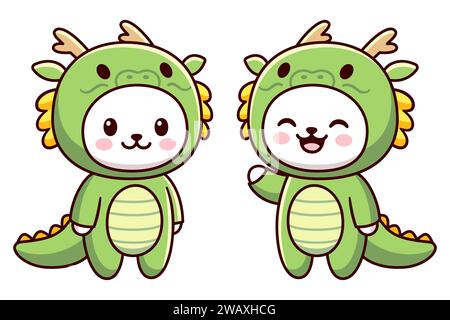 Kawaii-Katzenfigur im grünen Drachenkostüm. Chinesisches Neujahrstier. Niedliche Zeichentrickgrafik Vektor-ClipArt Illustration. Stock Vektor