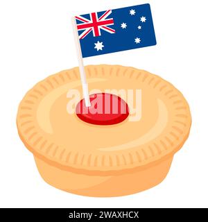 Zeichentrickfilm Aussie Meat Pie Zeichnung für Australien Day. Traditioneller Kuchen mit Hackfleisch und australischer Flagge. Illustration isolierter Vektorgrafik. Stock Vektor