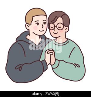 Süßes, junges schwules Paar verliebt, zwei Jungs, die Hände halten. Einfache Zeichentrickzeichnung, Vektorillustration. Stock Vektor
