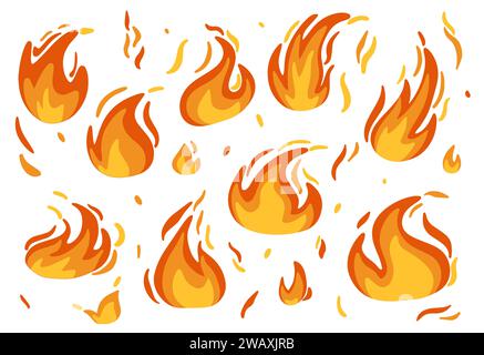 Set von flachen Symbol Flammen, mit brennenden roten heißen Funken isoliert auf weißem Hintergrund. Vektorabbildung Stock Vektor