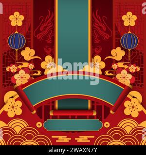 Glückliches chinesisches Neujahr 2024 das Drachen-Sternzeichen mit rotem und goldenem Charme, das Wohlstand und Reichtum symbolisiert. Banner für festliche Grußkarten und Stockfoto