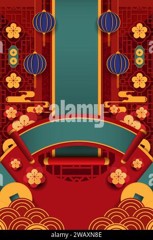 Glückliches chinesisches Neujahr 2024 das Drachen-Sternzeichen mit rotem und goldenem Charme, das Wohlstand und Reichtum symbolisiert. Banner für festliche Grußkarten und Stockfoto