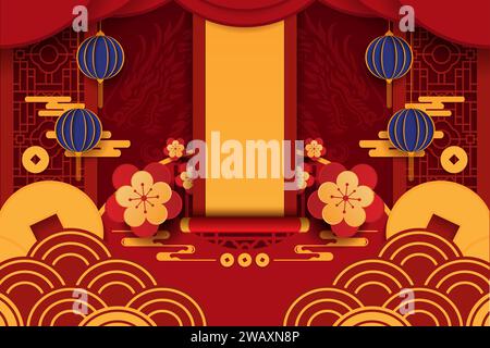 Glückliches chinesisches Neujahr 2024 das Drachen-Sternzeichen mit rotem und goldenem Charme, das Wohlstand und Reichtum symbolisiert. Banner für festliche Grußkarten und Stockfoto