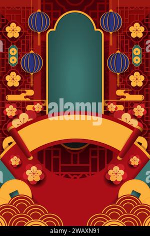 Glückliches chinesisches Neujahr 2024 das Drachen-Sternzeichen mit rotem und goldenem Charme, das Wohlstand und Reichtum symbolisiert. Banner für festliche Grußkarten und Stockfoto