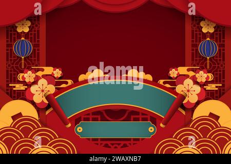 Glückliches chinesisches Neujahr 2024 das Drachen-Sternzeichen mit rotem und goldenem Charme, das Wohlstand und Reichtum symbolisiert. Banner für festliche Grußkarten und Stockfoto