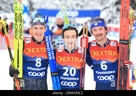 Cermis, Italien. Januar 2024. © Pierre Teyssot/MAXPPP; Skilanglauf-Weltmeisterschaft in Cermis, Italien am 7. Januar 2024. Val Di Fiemme Cermis Endbesteigung der Tour de Ski, von links Moch Friedrich GER, Frankreichs Jules Lapierre und Hugo Lapalus (FRA) © Pierre Teyssot/Maxppp Credit: MAXPPP/Alamy Live News Stockfoto