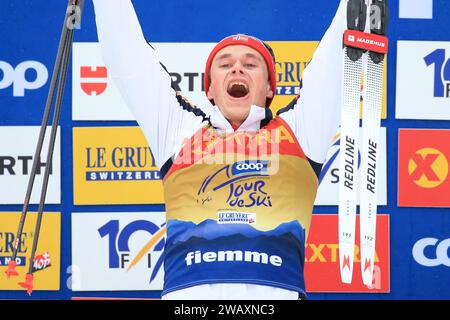 Cermis, Italien. Januar 2024. © Pierre Teyssot/MAXPPP; Skilanglauf-Weltmeisterschaft in Cermis, Italien am 7. Januar 2024. Val Di Fiemme Cermis Endbesteigung der Tour de Ski, Harald Amundsen (NOR) © Pierre Teyssot/Maxppp Credit: MAXPPP/Alamy Live News Stockfoto