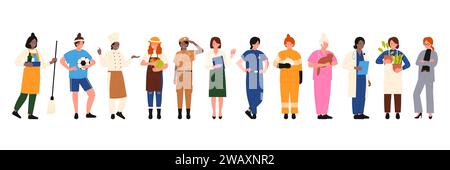 Frauen verschiedener Berufe setzen Vektorillustration. Karikatur isolierte Sammlung von internationalen Arbeiterinnen in Uniform, Krankenhaus oder Polizei Personal, Reinigungsservice, professionelle Geschäftsfrau Stock Vektor