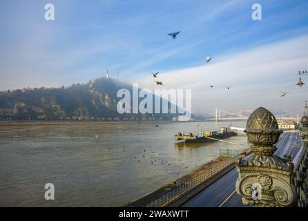 Budapest, Ungarn - 30. Dezember 2023: Blick auf die überflutete Donau. Fliegende Tauben auf dem Mittelboden. Citadella auf dem Hintergrund. Stockfoto