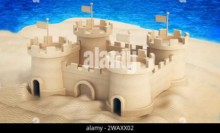 Sandcastle am Wasser am Strand. 3D-Abbildung. Stockfoto