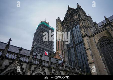 Utrecht, Niederlande - 27. Dezember 2023: St. Martin's Cathedral Garden. Dom Tower im Hintergrund. Stockfoto