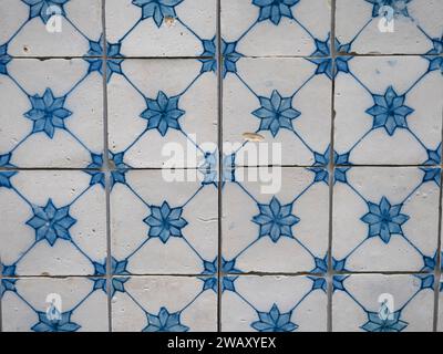 Blaue Keramikfliesen von der Wand im tropischen Garten Monte Palace in Funchal Madeira. Portugiesisches traditionelles Azulejos dekoratives künstlerisches Design im Hintergrund Stockfoto