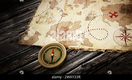 Schatzkarte und Vintage Kompass stehen auf altem Holztisch. 3D-Illustration. Stockfoto