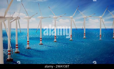 Windenergieanlage isoliert auf weißem Hintergrund. 3D-Abbildung. Stockfoto