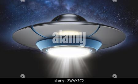UFO mit Lichtstrahl gegen die Nacht. 3D-Abbildung. Stockfoto