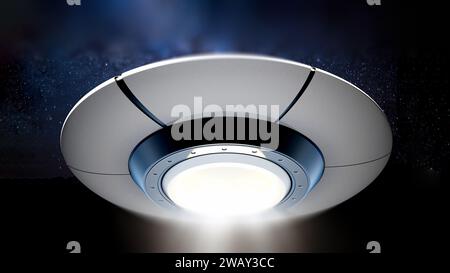 UFO mit Lichtstrahl gegen die Nacht. 3D-Abbildung. Stockfoto