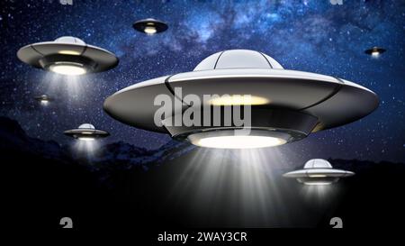 UFO mit Lichtstrahl gegen die Nacht. 3D-Abbildung. Stockfoto