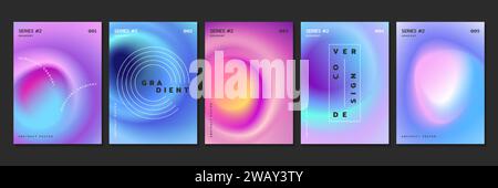 Vektorsatz aus Hintergründen mit Fluidgradienten mit radialem Weichzeichnungseffekt. Deckt Designvorlagen mit verschwommenen Neonkreisen und irisierenden Farbabstufungen ab. Poster mit leuchtenden, verschwommenen Flecken in modernem Stil. Stock Vektor
