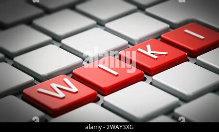 WIKI-WORT auf Tastaturtasten. 3D-Abbildung. Stockfoto