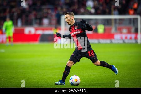 Leverkusen, Deutschland. Januar 2024. Alejandro Grimaldo (Leverkusen) Bayer Leverkusen - FC Venedig 07.01.2024 Copyright (nur für journalistische Zwe Stockfoto