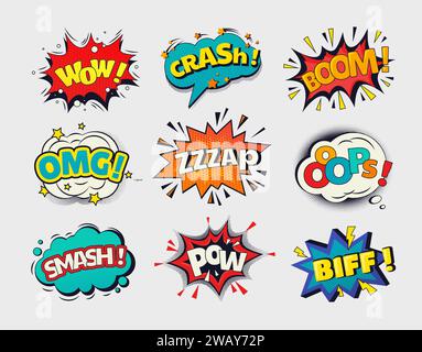 Comic-Boom. Pop-Art-Effekt. Sprechblase. Knallwolke. Wow Ballon. Omonomatopöe-Muster. Bombenbruch. OMG und Oops Retro-Aufkleber. Dynamit explodiert. Vektor-Zeichentrickgeräusch oder lustige Elemente im Set Stock Vektor