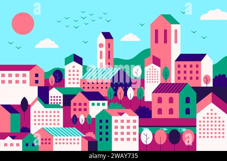 Geometrische Stadtlandschaft. Grafisches Baumuster. Stadthäuser. Stadtbild mit Bäumen und Häuserblöcken. Stadtteil. Sommerpanorama. Bäume auf dem Hügel. Minimale Landschaft. Architekturvektorflaches Design Stock Vektor