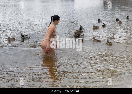 Kiew, Ukraine. Januar 2024. Eine Frau schwimmt neben Enten im kalten Wasser des Dnipro-Flusses anlässlich der Feier des Epiphaniums in Kiew. Die Ukraine feiert in diesem Jahr erstmals die Epiphanik am 6. Januar nach dem westlichen Kalender und weicht von der Tradition der russisch-orthodoxen Kirche ab, sie am 19. Januar zu feiern. Während der Epiphanienzeit glauben manche, dass das Wasser besondere heilende Eigenschaften hat und zur Behandlung verschiedener Krankheiten verwendet werden kann, und viele von ihnen nehmen im Rahmen der Epiphanienfeier ein Bad im Wasser. (Credit Image: © Oleksii Chumachenko/SOPA Images via ZUMA PR Stockfoto