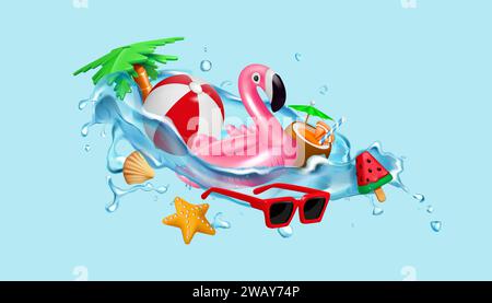 3D Sommerparty. Strandurlaub. Sommerurlaub. Spielzeugball für Kinder. Aufblasbarer Flamingo im Meerwasserspritzer. Lustige festliche Reise. Palme. Eis und Kokoscocktail. Vektorhintergrund Stock Vektor