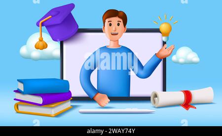 3D-Lehrer. Online-Schulungen für Studenten. Die Figur der Menschen im Englischkurs oder im Unterricht arbeitet am Computer. Rendern Sie Laptops und Bücher. Hochschulbildung. Diplom und Hut. Symbol Vektorkonzept Stock Vektor
