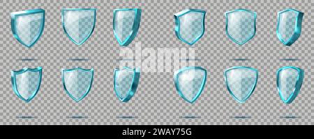 Schutzabdeckung. Symbol aus 3D-Glas mit transparentem blauem Lichteffekt. Trophäe für das Zertifikat. Sichtwinkel des unbedruckten Kristallabzeichens. Plexiglaspanzerung. Vector Secure isolierte Symbolgruppe Stock Vektor