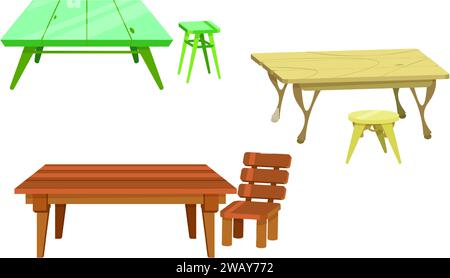 Tisch und Stuhl. Heimische Holzmöbel. Gartenmöbel. Esstisch im Freien. Gartenhocker. Komfortabler Sessel auf der Terrasse. Tischplatte aus Hartholz. Vektorhaus Innere isolierte Objekte Set Stock Vektor
