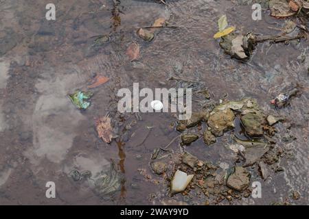 Horana, Sri Lanka - 25. Dezember 2023 - Ansicht eines trockenen Kanalbodens mit weniger Wasser, wobei der ausgeworfene Abfall wie Polyt auf dem Boden gesammelt wird Stockfoto