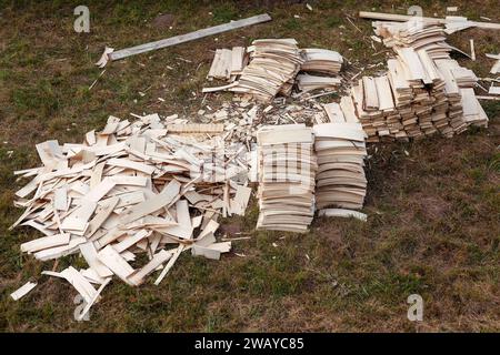 Holzspäne für Dachdeckungen, verstreut auf dem Gras, alte Baumethode, unordentlicher Arbeitsplatz. Stockfoto