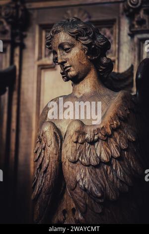 Holzstatuen und Skulpturen in der Carolus Borromeus Kirche im Herzen der Stadt Antwerpen in Belgien Stockfoto