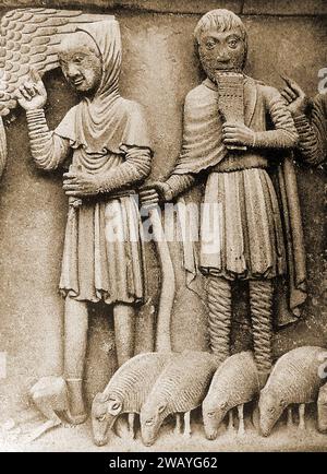 Kathedrale von Chartes, Frankreich im Jahr 1947 - Eine Statue der Hirten bei der Geburt. - Cathédrale de Chartres, France en 1947 - Une Statue des bergers à la nativité. - Stockfoto