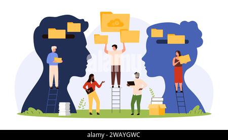 Datenübertragung, Austausch digitaler Informationen. Winzige Leute, die Archive mit Dateien halten, um Ordner zu senden, Dokumente zwischen zwei abstrakten Silhouetten von Kunden-Cartoon-Vektor-Illustration zu teilen Stock Vektor