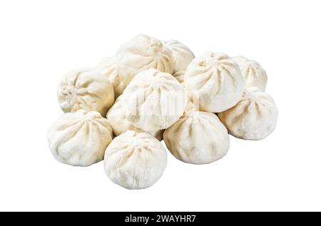 Gefrorene, ungekochte Baozi-Teigtaschen, gefüllt mit Fleisch. Isoliert auf weißem Hintergrund, Draufsicht Stockfoto