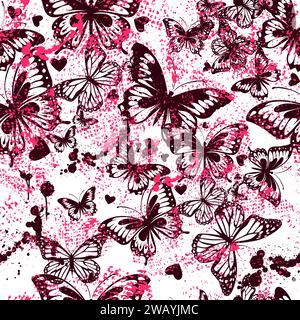 Lila Schmetterlinge mit nahtlosem Muster. Handzeichnung. Nicht AI, Vektorillustration Stock Vektor