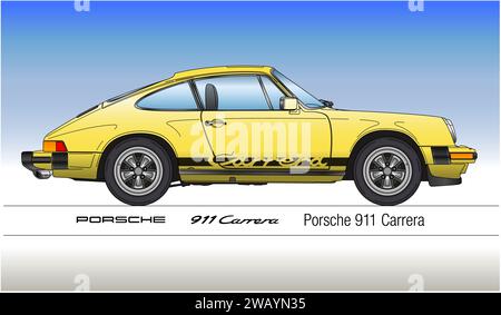 Deutschland, Jahr 1974, Porsche 911 Carrera Sportwagen, Oldtimer und Oldtimer, Silhouette farbige Vektor-Illustration Stockfoto