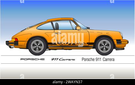 Deutschland, Jahr 1974, Porsche 911 Carrera Sportwagen, Oldtimer und Oldtimer, Silhouette farbige Vektor-Illustration Stockfoto