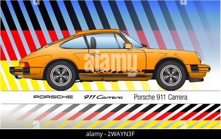 Deutschland, Jahr 1974, Porsche 911 Carrera Sportwagen, Oldtimer und Oldtimer, silhouettenfarbige Illustration Stockfoto