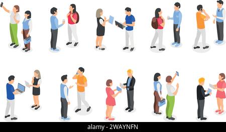 Isometrische Kommunikation und Verwendung von Gadgets. Isolierte Gelegenheits- und Geschäftsfiguren, die mit einem Laptop sprechen und arbeiten, makellose Vektorkollektion Stock Vektor