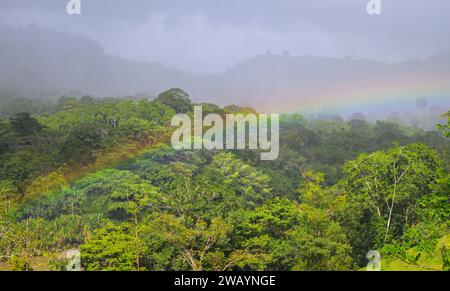 Regenbogen über Regenwald nach Regen, Boca Tapada, Alajuela, Costa Rica. Stockfoto