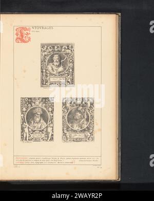 Reproduktion dreier Drucke eines von Grotesken umgebenen Porträts von Nicolaes de Bruyn, dargestellt von König David, König Arthur und vermutlich Frederic Josue, Herzog von Sachsen-Coburg, Anonym, nach Nicolaes de Bruyn, nach Covens & Mortier, um 1875 - in oder vor 1880 photomechanischen Druck Antwerpen nach Entwurf: Amsterdamer Papierphotolithographie historische Personen. Die Geschichte von David. Ornament  grotesk Stockfoto