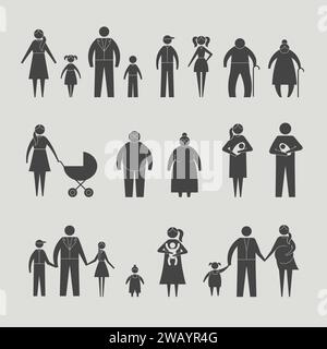 Leute festmachen. Familie Paare Silhouetten Mutter Vater Kinder unterschiedlichen Alters neue Vektor Stilbilder Stock Vektor