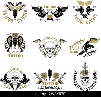 Tätowierungssalon. Art Studio Logotype gesetzt aktuelles Vektor Tattoo Logo Stock Vektor