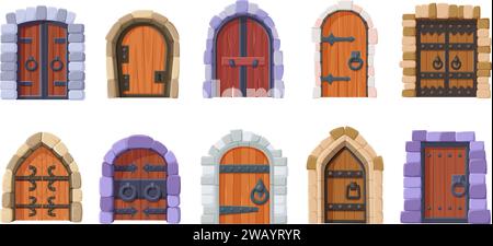 Mittelalterliche Türen. Isolierte Cartoon-hölzerne Burgtore oder Eingang zum Kerker. Holztür mit Steinbogen und Metallelementen, heute Vektorsatz Stock Vektor