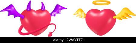 Engel Teufelsherzen. 3D Herz mit Dämon oder Gott Elemente, böse gute Konzept schlechte Liebe Hörner Schwanz Flügel, Religion Halo romantisches Paar rotes Symbol, realistische heutzutage Vektor Illustration des Teufelsenengels Herz Stock Vektor