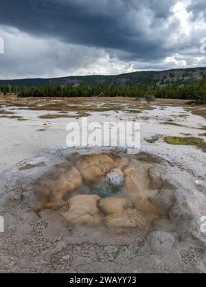 Im Yellowstone-Nationalpark bilden sich Sturmwolken über Geysir Stockfoto