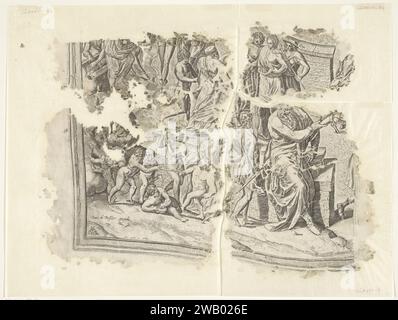 Links unter der Ecke eines Abdrucks der Szene von Cebes, Philips Galle, nach Frans Floris (I), 1561 - 1596 Druck Allegory über die Heilstraße des Menschen. Leben als Stadt mit drei ummauerten Stätten, mit einem Tempel in der Mitte. Am äußeren Tor warten die Seelen der Kinder, bereit für den Eintritt in das Erwachsenenleben. Vor dem Betreten bekommen sie etwas zu trinken aus Versuchung (verführerische Versuchung), was sie unwissend macht. Der erste ummauerte Ort zeigt alle Arten von Transfers und Ablenkungen, wie Vorurteile (Meinung), Begehren (Cupiduas), Zweifel (Fehler) und Unwissenheit (Ignorantia). Sie verhindern, dass die Jugendliche Person von der Feder kommt Stockfoto